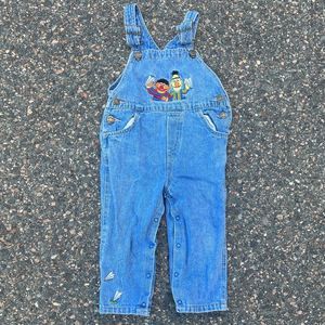 Kids Blue Denim Overalls with Embroidered Characters